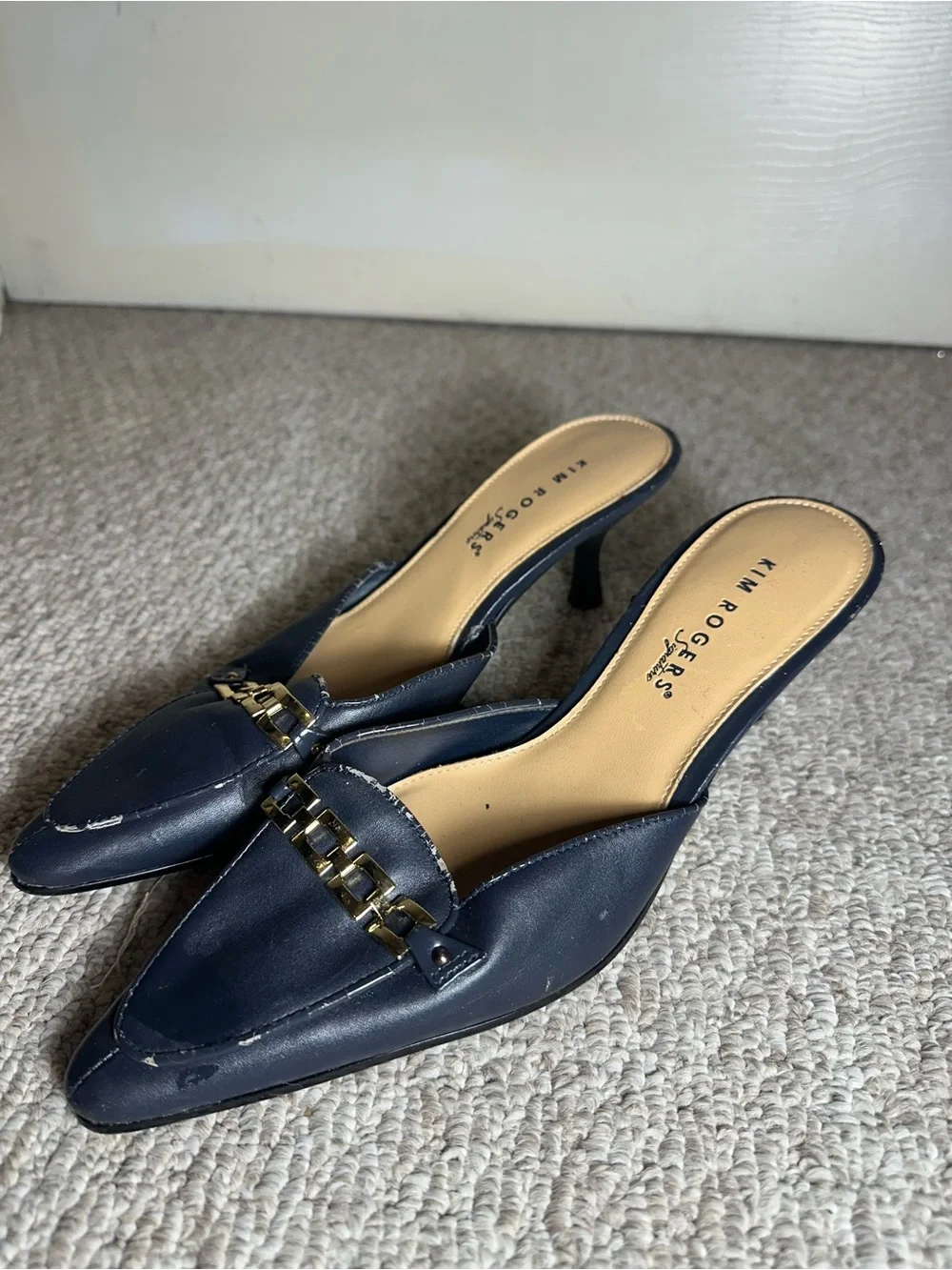 Kim Rogers Navy Pointed-Toe Kitten Heel Mules with Gold Chain Accent
